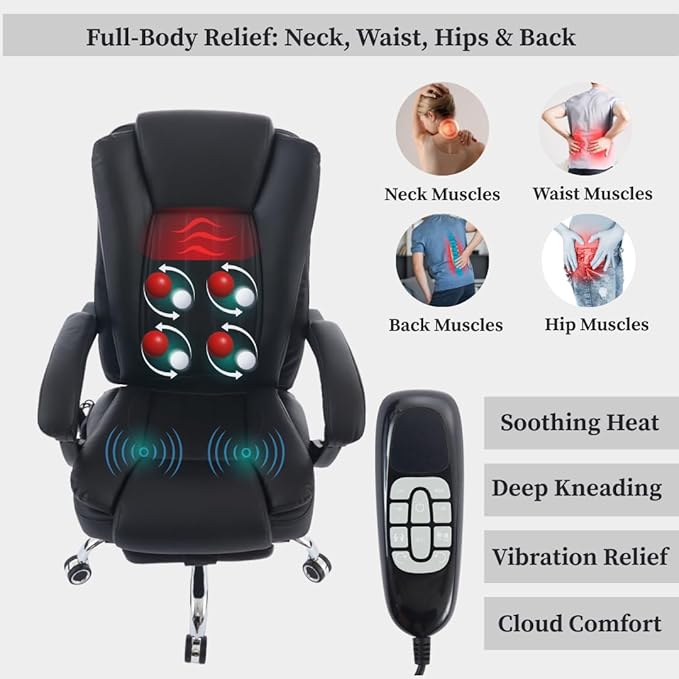 Orbis 4-Point Kneading UL Certified Heated Massage Office Chair with Foot Rest | 500lbs Big & Tall | BIFMA Certified Desk Chair for Heavy People | Home Office Computer Chair | Leather Black