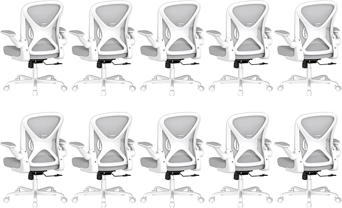 Ergonomic Mesh Office Chair, Computer Chair with Flip-Up Armrests, Adjustable Lumbar Support, Height Adjustable, Smooth Casters, and 360° Swivel, 10PC, Grey