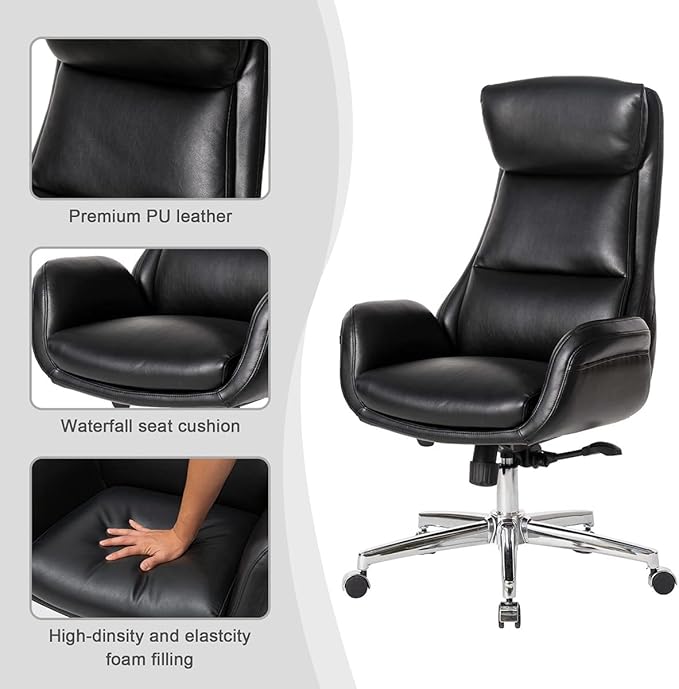 Glitzhome Mid-Century Modern Air Leatherette Adjustable Swivel High Back Office Chair, Black