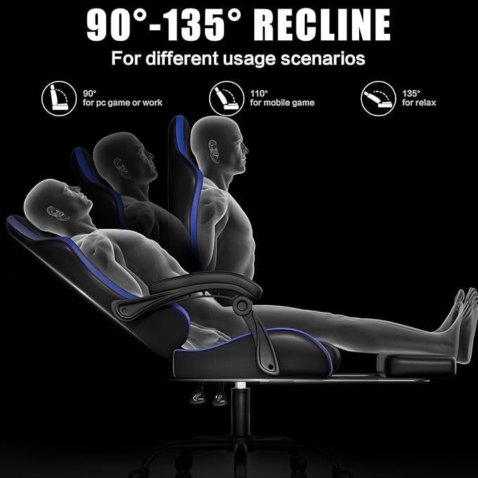 Czlolo Gaming Chair with Footrest Racing Style Lumbar Support Massager Video Game Chair with Metal Legs, High Back Gamer Chair with Headrest, 360° Swivel Office Computer Desk Chair, Bright Blue