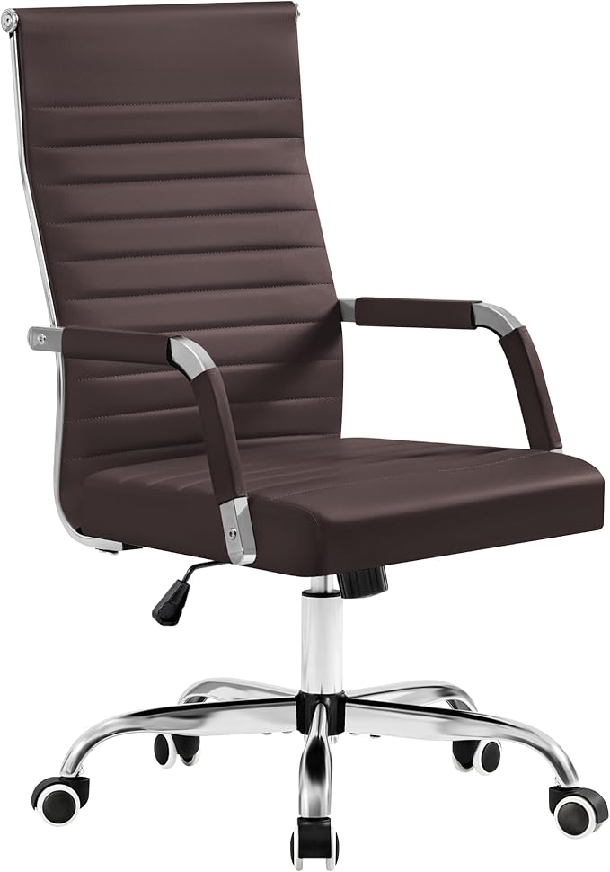 Furmax Ergonomic Office Desk Chair, Executive Ribbed Mid-Back PU Leather Conference Room Chair Adjustable Swivel Chair with Arms (1, Brown)
