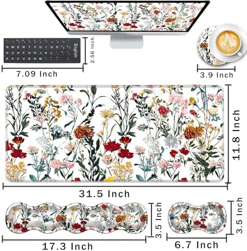Keyboard Wrist Rest and Mouse Pad with Wrist Support Set Ergonomic Coaster,Memory Foam,Easy Typing Pain Relief,Large XL Desk Mat 31.5"x 11.8",Beautiful Floral