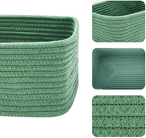 MiniArk Small Storage Baskets for Organizing | Closet Organizer Bins | Shelf Toy Basket | Woven Rope Baskets | Cube Decorative Box | Shallow Basket | 11.5x7.5x4.7” | 3 Packs Green