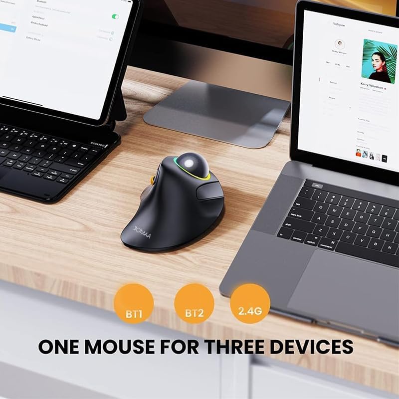 JOMAA Wireless Bluetooth Computer Trackball Mouse with RGB Backlight,Finger Control, 3 Device Switch, Silent Rechargeable Ergonomic Drawing Office Mouse for Laptop, Desktop Computer, Tablet Phone