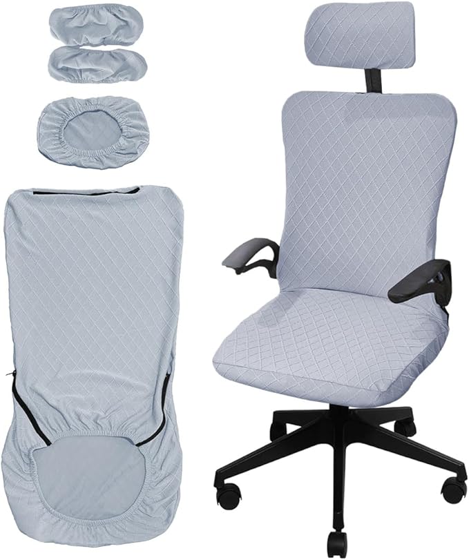Ergonomic Office Chair Covers Set with Headrest Cover Stretch Desk Computer Chair and Headrest Slipcovers Washable Protector Slipcovers for Swivel Computer Chair 4 Pieces Silver Gray