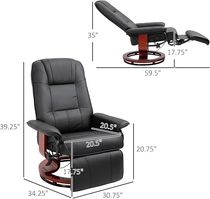 HOMCOM Swivel Recliner Chair, PU Leather Reclining Armchair with Retractable Footrest, Lounge Chair with Wood Base and Adjustable High Back for Small Spaces, Living Room, RV, Bedroom, Black