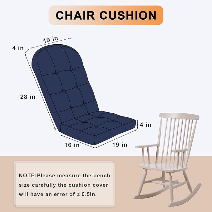 Rocking Chair Cushion - Chenille Fabric, High-Density Sponge, Durable Comfort Double-Sided Tufted Seat Pads with Ties, Chenille︱Deep Blue, 44x19x4 inch