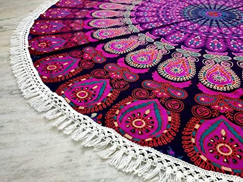 Round Beach Tapestry Turquoise Mandala Throw/Boho Hippie Beach Blanket Roundie/Indian Cotton Bohemian Large Round Table Cloth-Home Decor/Yoga Mat Meditation Picnic Rug (70", White And Pink)
