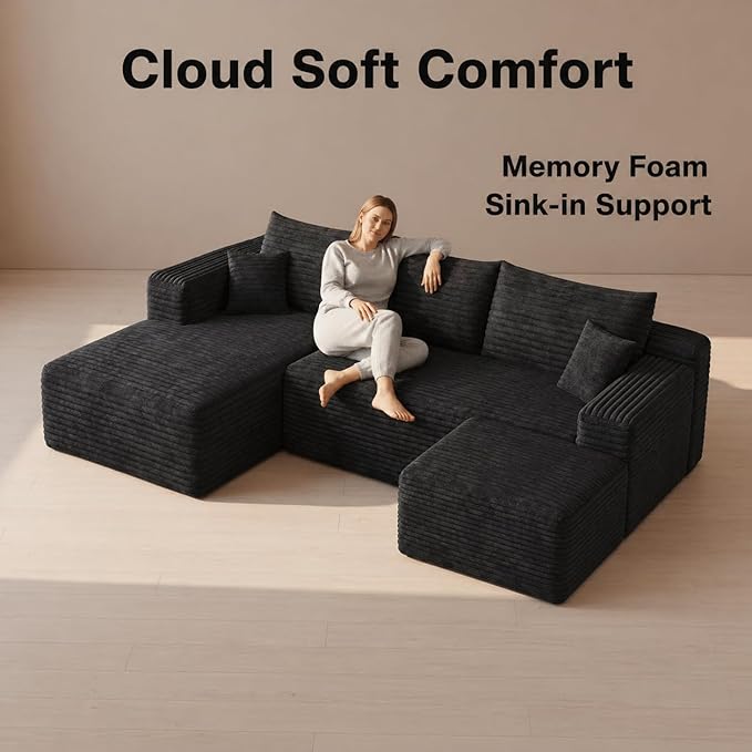 94" Black Fluffy Couch with Ottoman for Living Room, Corduroy No Bones Sectional Couch,Compressed Memory Foam Cloud Sofa,No Assembly Required,Left Facing Chaise,Black