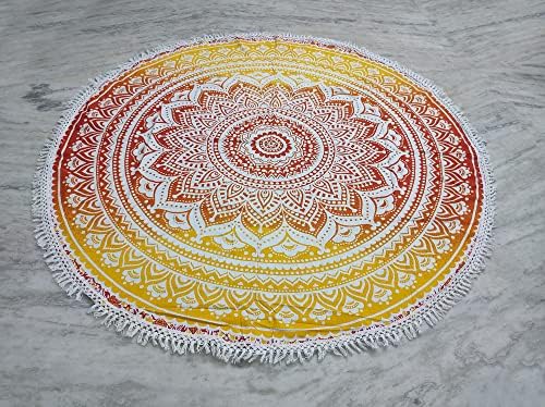 Round Beach Tapestry Turquoise Mandala Throw/Boho Hippie Beach Blanket Roundie/Indian Cotton Bohemian Large Round Table Cloth-Home Decor/Yoga Mat Meditation Picnic Rug (42", Yellow-Orange)