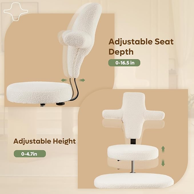 Pinmoco Ergonomic Cross Legged Office Chair Extra Wide for ADHD and Meditation, Kneeling Chair with 360° Swivel Wheels and Reversible Seating, Adjustable Height and Seat Deapth, Teddy Fabric, White