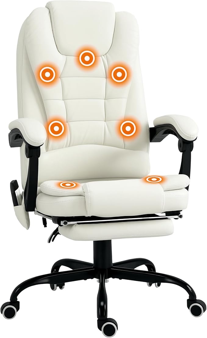 Vinsetto 7-Point Vibrating Massage Office Chair, High Back Computer Chair with Lumbar Support, Footrest, Reclining Back, Adjustable Height, White