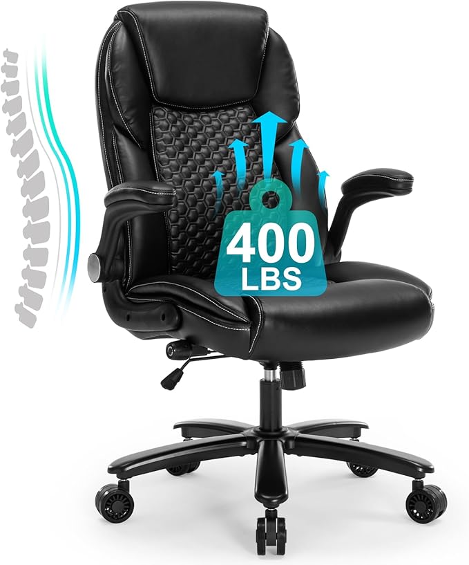 Big and Tall Ergonomic Office Chair, Executive Office Chair with Flip-up Arms, PU Leather Computer Desk Chair, Adjustable Lumbar Support Heavy Duty Space Saving Task Chair