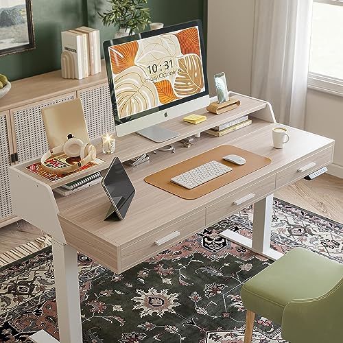 CubiCubi One-Piece Standing Desk 48x26 with 3 Wood Drawers, Light Walnut