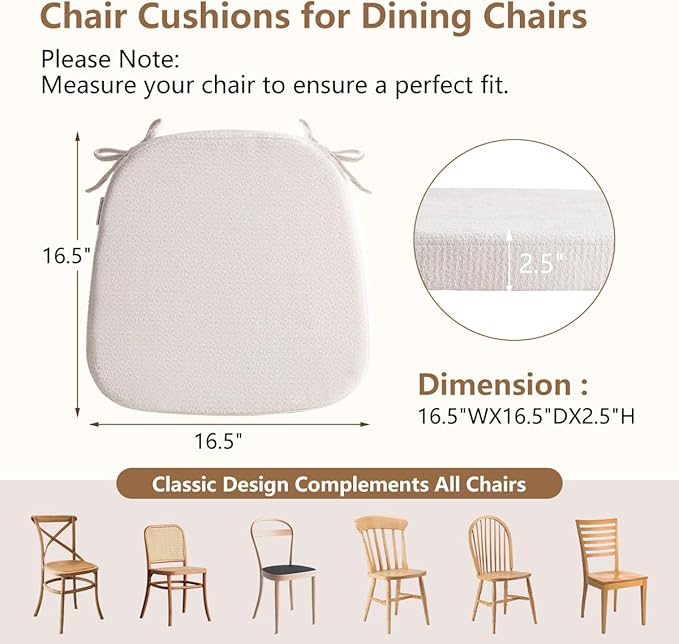 D-Shaped Chair Cushions for Dining Chairs, 2.5” Thick Chair Pads with Washable Comfortable Textured Cover, Non Slip Kitchen Chair Cushions with Ties, 16.5" x 16.5", 2 Pack, Creamy White