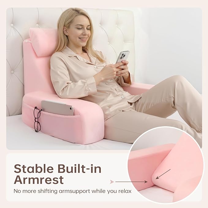 ENITYA 19" Back Support Pillow,Reading Pillow with Built-in Arms & Large Pockets, Removable Washable Cover, Wedge for Sitting,Reclining,Watching TV,Post Surgery in Bed,Couch or Floor,Medium Firm,Pink