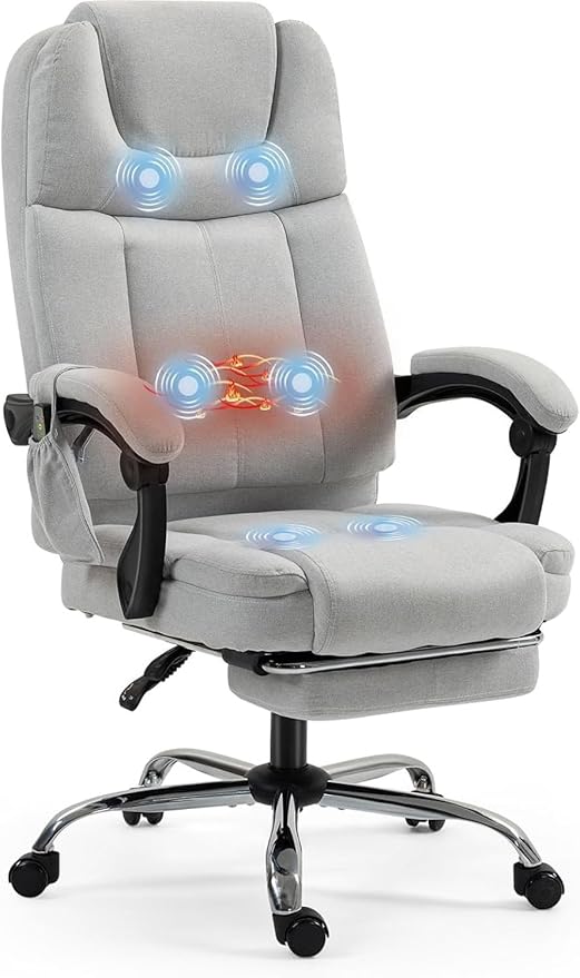 ECOTOUGE Massage Office Chair with Footrest, Ergonomic Adjustable Reclining Executive Heated Office Chair w/ 6 Vibration Points & Heat for Home Office, Light Grey