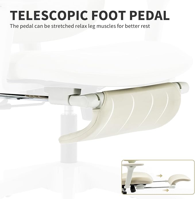 Ergonomic Office Chair with Footrest, 90-135° Reclining High Back Desk Chair with Lumbar Support, 2D Headrest, 2D Armrests, Computer Chair for Long Hours, Cream