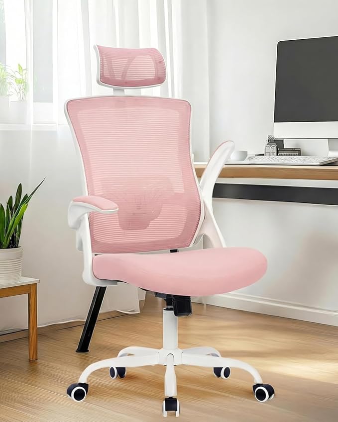 NEO CHAIR Office Chair High Back Desk Mesh Chair Comfy Computer Gaming Seat with Adjustable Ergonomic Headrest Lumbar Rolling Flip-up Armrests and Wheels (Pink)