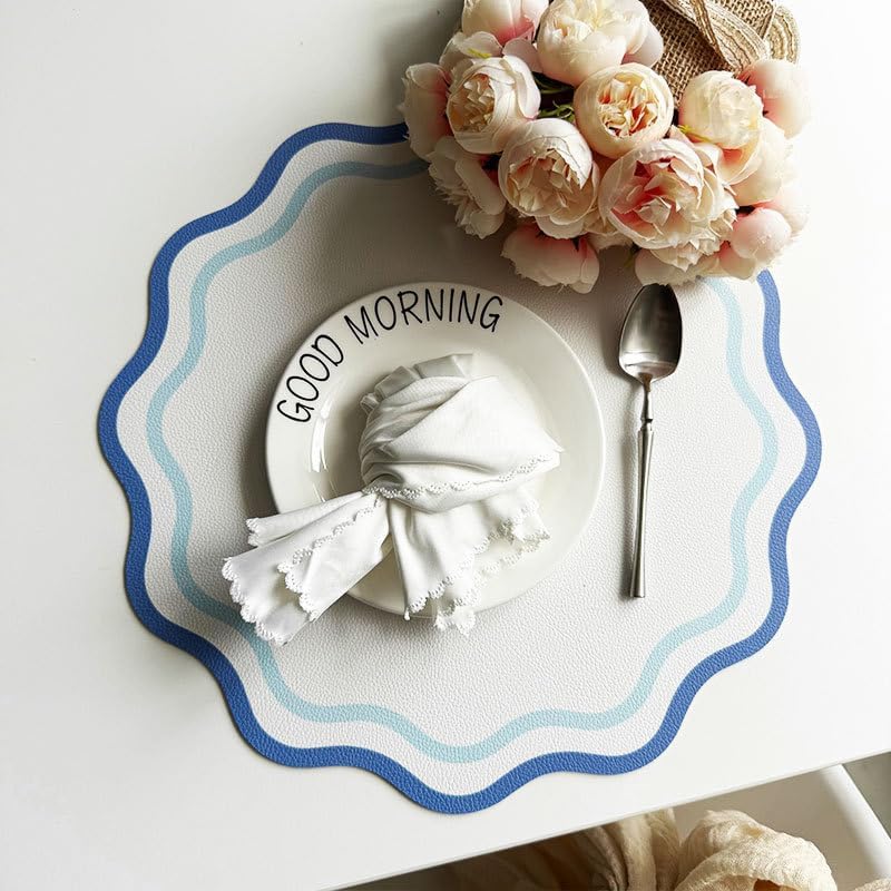 Printed Flower Shape Leather Placemat Insulated Table Mat for Kitchen Dining Table Striped Waterproof Heat-Resistant Plate Mat (Flower Blue,34cm Round)