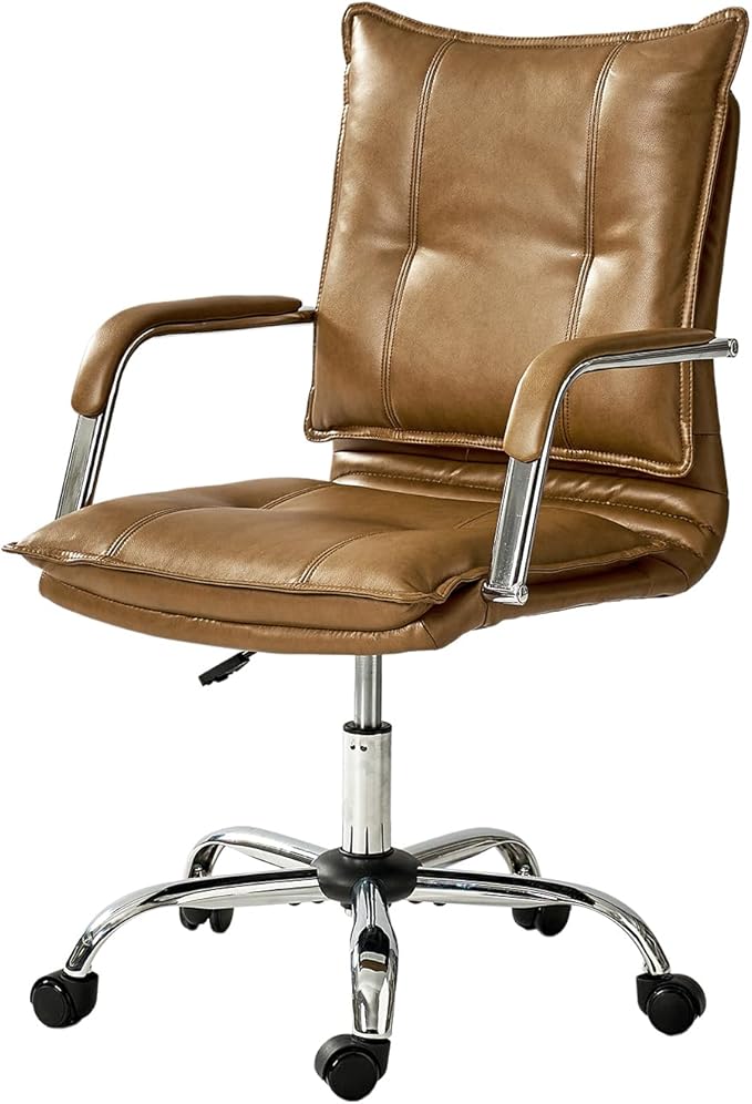 HULALA HOME Faux Leather Home Office Desk Chair, Adjustable Swivel Computer Chair with Sliver Legs and Arms, Comfy Upholstered Task Chair(Camel)