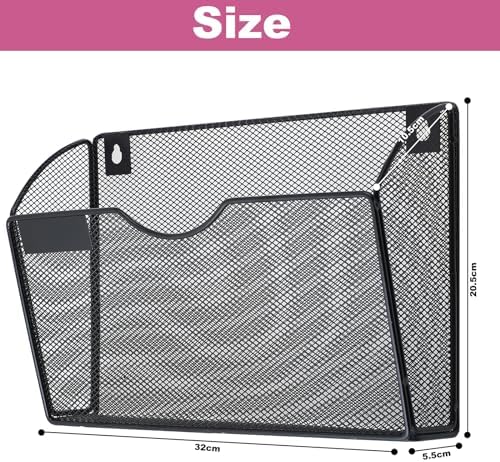 1 Pocket Mesh Wall File Holder Organizer Office Hanging File Folder Magazine Rack, Nametag Label Hooks Set Included (Black)