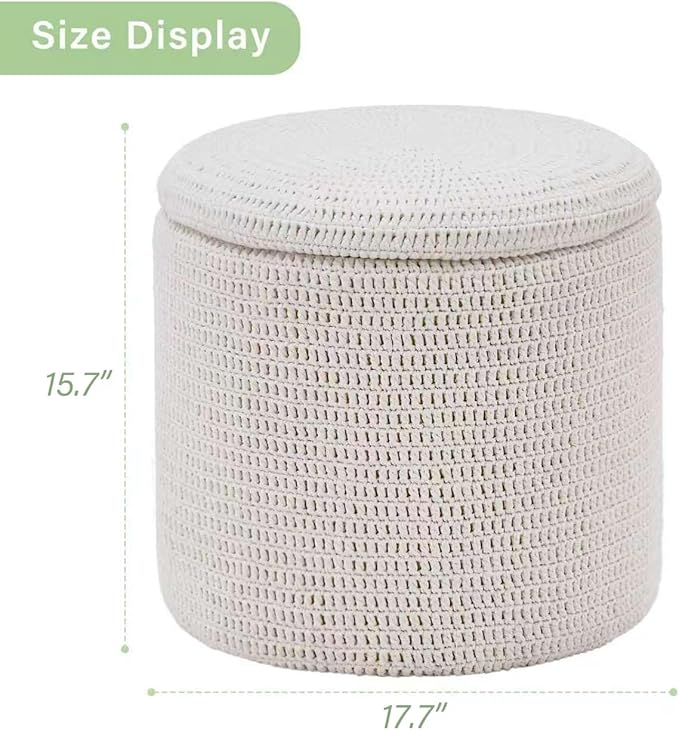 Wimarsbon Pouf Ottoman, 100% Cotton Knitted Boho Footstool, Round Footrest with Non-Skid Wood Legs, Home Décor Handmade Pouffe, Leisure Floor Step Stool for Living Room (18inch White Storage Ottoman)