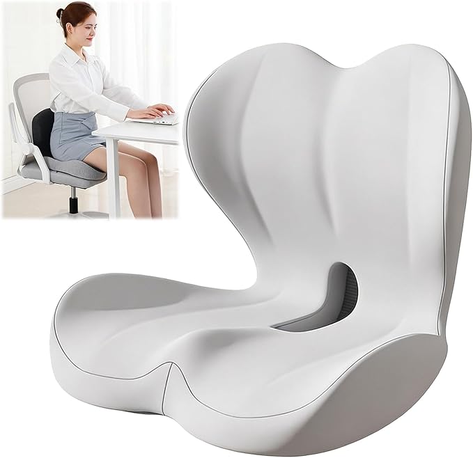 Orthopedic Cushion, Seat Cushion for Office Chair and Car, Ergonomic Memory Foam L-Shaped Integrated Seat Cushions, Lumbar Support & Tailbone Pain Relief for Office Chair Car Wheelchair (C-Light Grey)