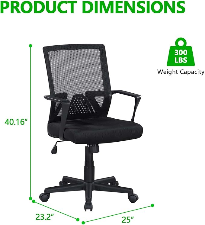 Mesh Office Chair, Breathable Mid-Back Ergonomic Work Chair with Lumbar Support & High-Density Foam Seat, Black Mesh Chair for Home & Office