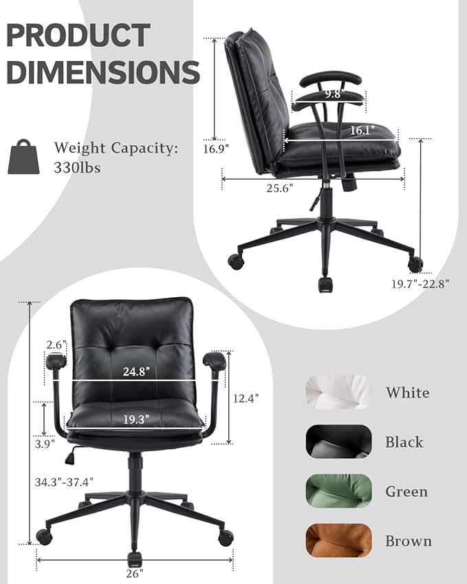 Karl home Faux Leather Office Chair with Removable Armrests, Adjustable Height & 360° Swivel, Tufted Thick Cushion Computer Desk Chair with Lumbar Support for Living Room, Vanity, Black