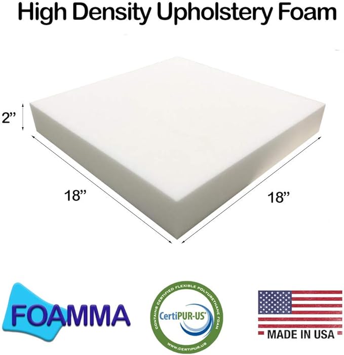 Foamma 1-Pack 2" x 18" x 18" High Density Upholstery Foam, Chair Cushion Square Foam for Dining Chairs, Wheelchair Seat Cushion Replacement