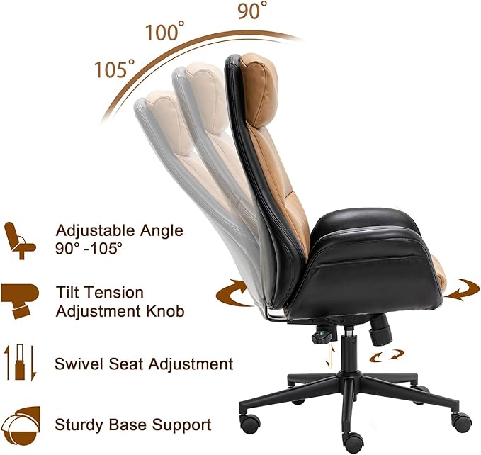 Glitzhome Mid-Century Modern Two-Tone Color High Back Leatherette Chairs Computer Desk Chair, Task Chair with Armrest Adjustable Gaslift Office Chair Executive Swivel Chair,Black & Camel