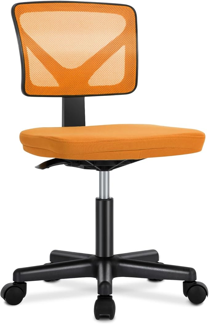 DUMOS Armless Office Chairs with Wheels, Ergonomic Adjustable Home Desk Swivel Rolling Task Chair No Arms, Comfy Mesh Mid Back Computer Work Vanity Desk Chairs for Small Spaces, Orange