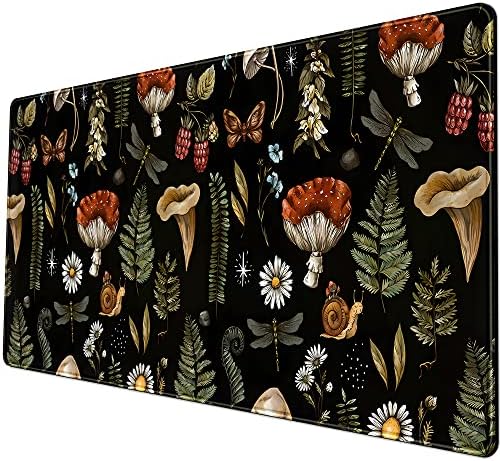 Black Mouse Pad Cottage Core Aesthetic Mouse Pads Mushroom Desk Pad Vintage Mouse Pad Forest Magic Nature Large Desk Pad Ergonomic Mouse Pads with Stitched Edges Non-Slip Computer Mat 31.5x15.7 in