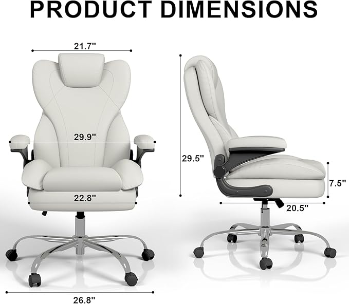 Office Chair, Home Desk Chair, Ergonomic Computer Chair with Lumbar Support, Executive Leather Chair with Flip-Up Armrests, Big and Tall Swivel Rolling Chair, White