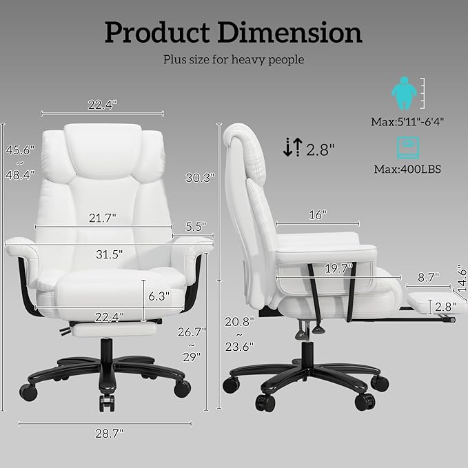 GYI 160° Reclining Office Chair with Footrest, Big and Tall High Back Home Office Chair, Leather Computer Desk Chair with Cross Legged Seat, Arms, Wheels, White