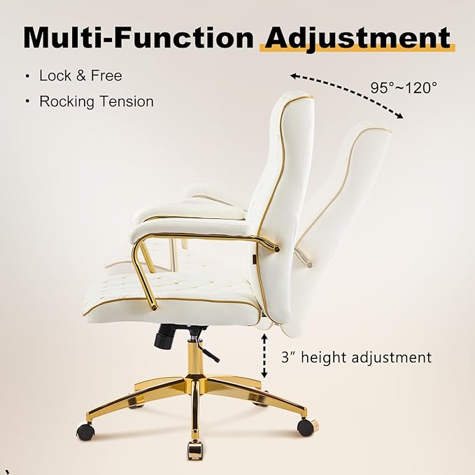 Furniliving White and Gold Office Chair, Leather Office Chairs, Adjustable Vanity Chair with Golden Legs and Padded Armrest, Modern Upholstered Computer Chair with Wheels,White