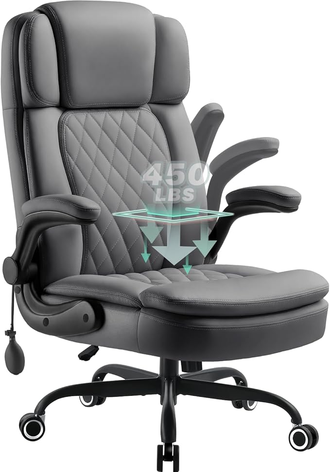 450 LBS Big and Tall Executive Office Chair with Flip up Arm, Heavy Duty Leather Computer Desk Chair,Comfortable High Back Swivel Home Office Chair with Rolling for Adults (Gray)