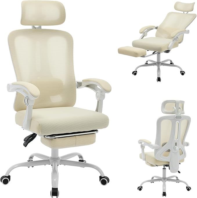 Ergonomic Office Chair,Swivel Task Chair with Adjustable Lumbar Support,Home Office Chair with Footrest,Mesh High Back Gaming Chair Off White