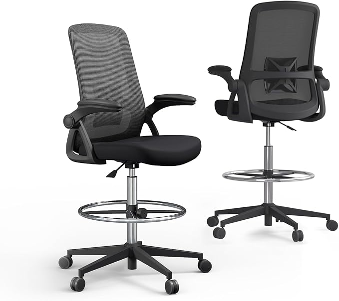 Mesh Drafting Chair, Tall Office Chair with Lumbar Support, Ergonomic Desk Chair with Flip up Armrests, Standing Desk Chair with Adjustable Footrest Ring, Breathable Back, Black
