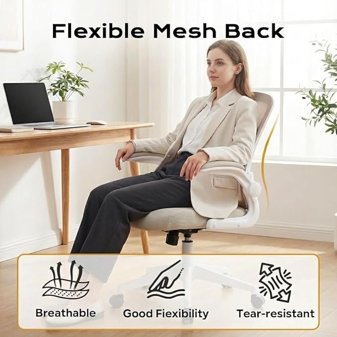 Ergonomic Mesh Office Chair, High Back Desk Chair with Adjustable Lumbar Support & Headrest, Flip-Up Armrests, 300 Lbs Capacity, Swivel Rocking Computer Chair for Home Office Study Bedroom White