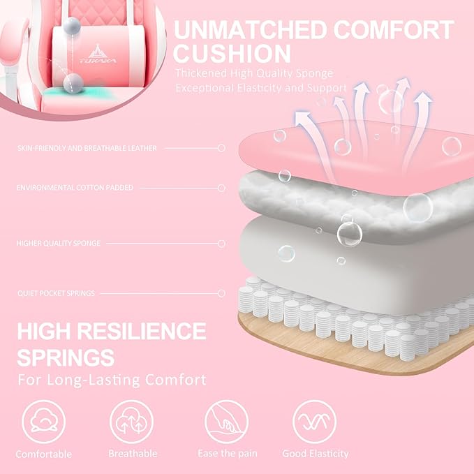 Pink Gaming Chair,Ergonomic Massage Computer Office Desk Chai r with Footrest,Pocket Spring Cushion,Reclining Leather Adjustable Gamer Chair with Headrest and Lumbar Support,Pink
