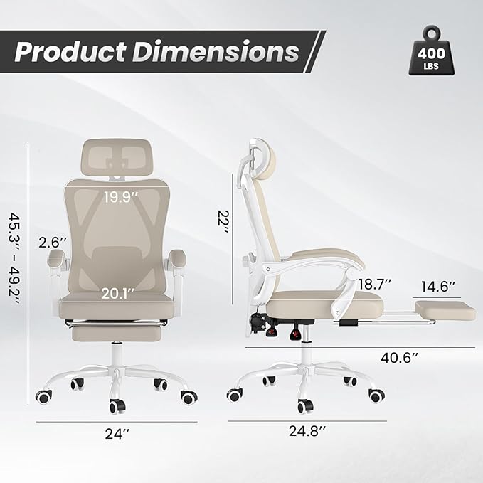 Farini Office Chair with Headrest, Ergonomic Mesh Office Chair with Footrest, High Back Desk Chair with Adjustable Lumber, Swivel Computer Chair for Home Office Study Room, White and Khaki