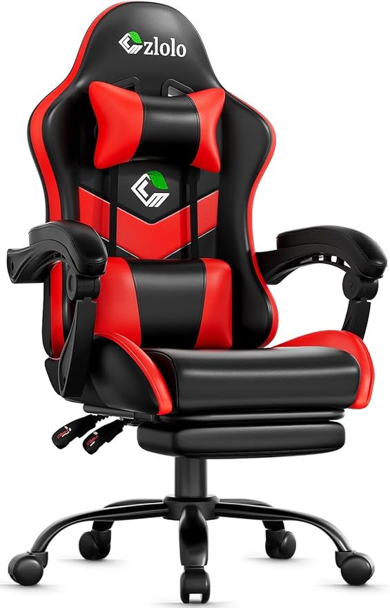 Czlolo Gaming Chair with Footrest Racing Style Lumbar Support Massager Video Game Chair with Metal Legs, High Back Gamer Chair with Headrest, 360° Swivel Office Computer Desk Chair, Bright Red