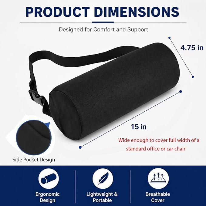 Lumbar Roll Pillows, Lumbar Support Pillow for Office Chair & Car, 15 Inch Pain Relief & Posture Correction Back Support for Office Chair, Car, Bed, Adjustable Strap & Washable Cover