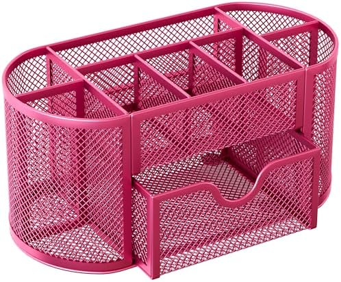 EasyPAG Mesh Pen Holder Desk Organizer with Drawer Stationery Supplies Organizer for Dorm School 9 Compartments Workspace Desk Accessories Organization for Office, Hot Pink