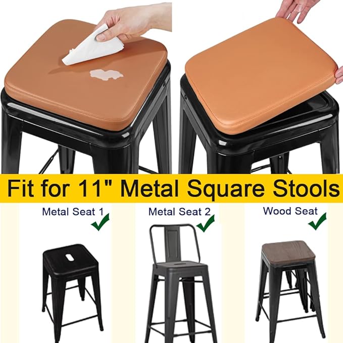 SINOSSO Modern Faux Leather Bar Stool Cushions 4 Pack, Leathaire Magnetic Small Chair Pads for Cafe Bistro Stackable Metal Stools (Square, Orange, 4)