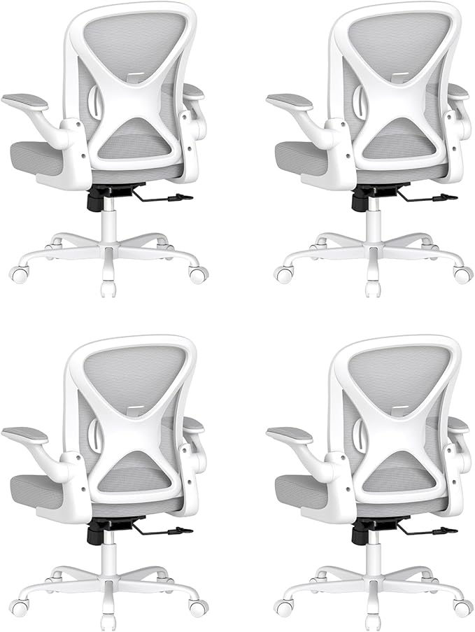 Ergonomic Mesh Office Chair, Computer Chair with Flip-Up Armrests, Adjustable Lumbar Support, Height Adjustable, Smooth Casters, and 360° Swivel, 4PC, Grey