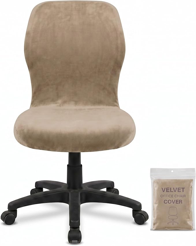 Deisy Dee Velvet Stretch Armless Office Chair Covers - Colorful Stretch Slipcover for Desk Chairs (Khaki)