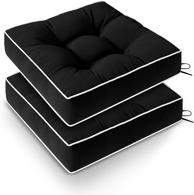Wellsin Outdoor Chair Cushions Set of 2, Patio Cushions for Outdoor Furniture, Tufted Waterproof Outdoor Chair Pads, 19" x 19", Black